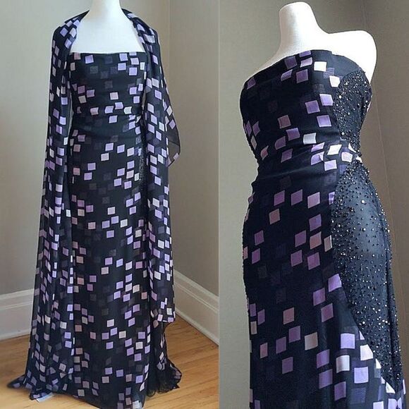 Vintage Y2K Badgley Mischka Gown Strapless Designer Beaded Sheer Wrap Siren 4 - Picture 1 of 15